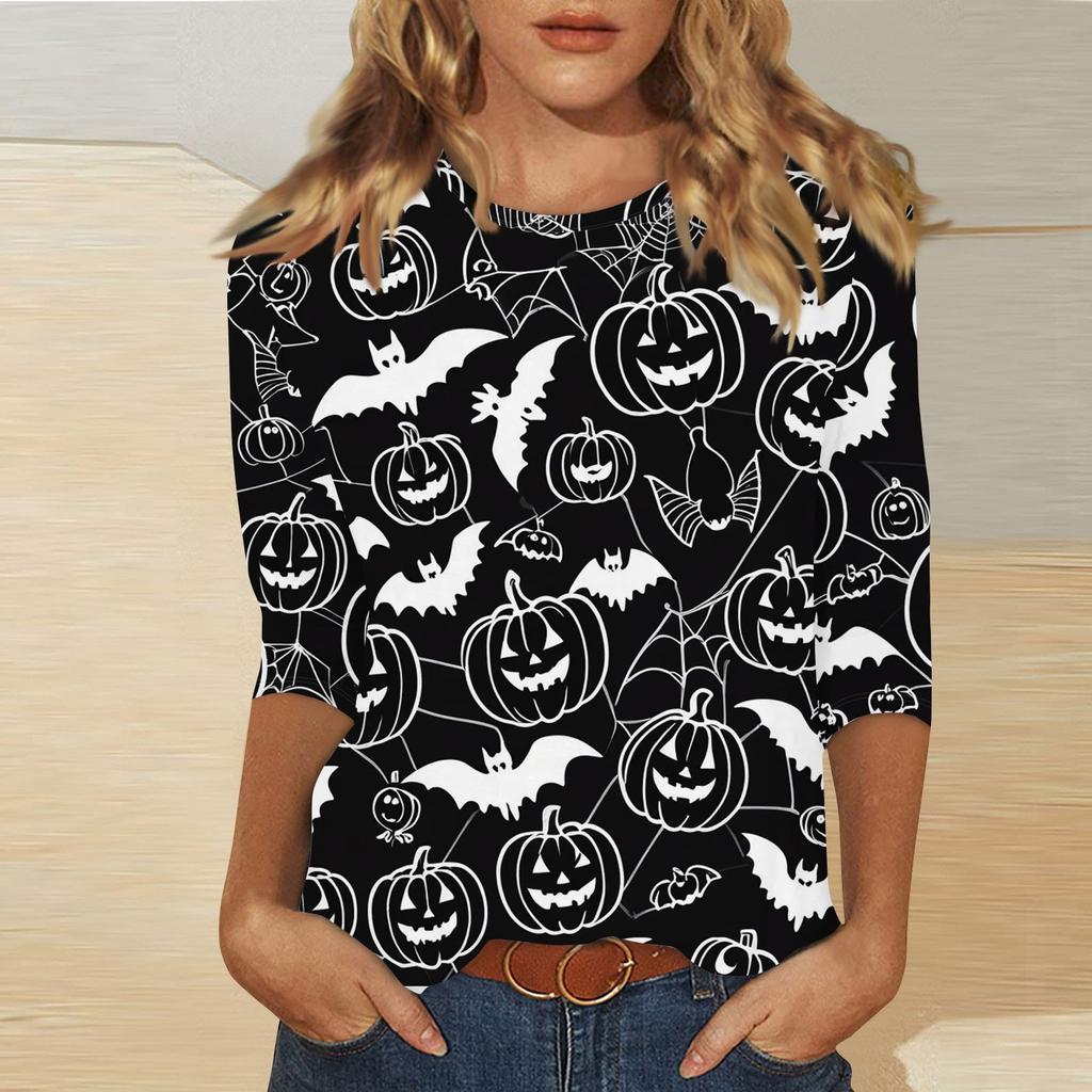 Women's Fashion Casual Three-quarter Sleeve Halloween Printed Round Neck Top