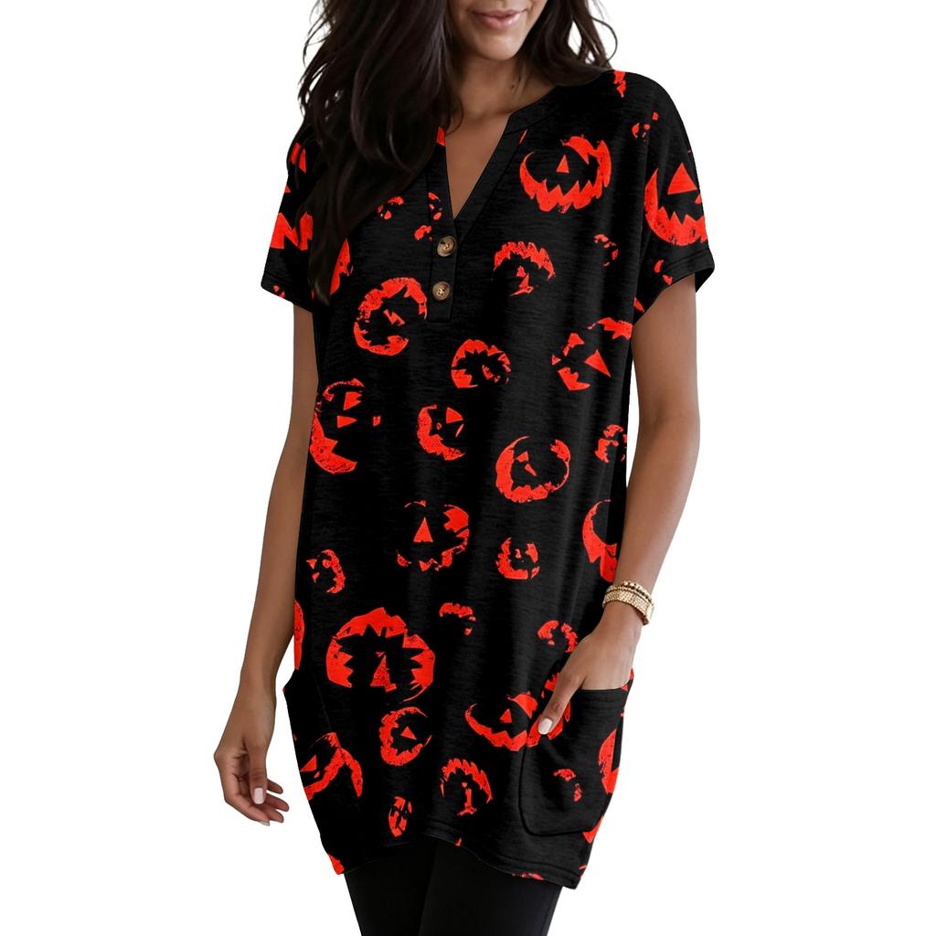 Women's V Neck Halloween Print Short Sleeve Pullover Dress with Pocket Casual Loose Fit Tunic Dress for Daily Wear