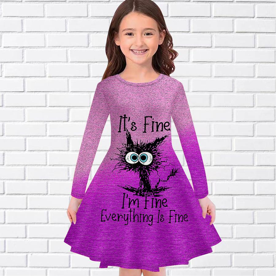 Girl Casual Gradient English Cat Print Round Neck Long Sleeve Dress Kid Princess Dress