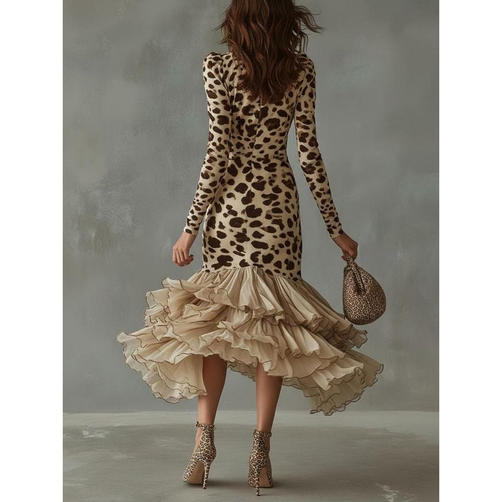 Rochie de damă stil european-american, cu mânecă lungă, decolteu în V, imprimeu model piatră, patchwork, plasă