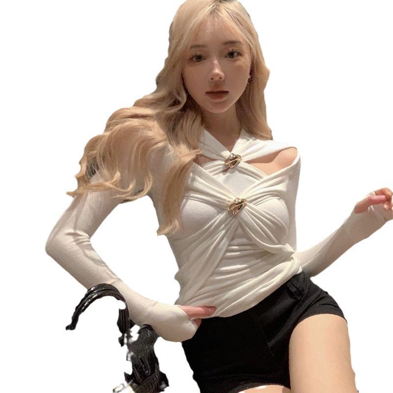 Women's White Cross-Strap Long-Sleeve Shirt - Autumn Pure Desire Niche Style