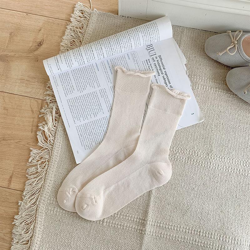 White Curled Socks Women'S Ins Wind Ultra-Thin Boneless Breathable Stacking Socks Solid Color Japanese Basic Jk Socks Medium Tube Socks