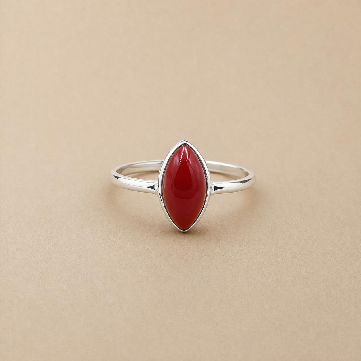 Red Coral Marquise Bezel Ring, 925 Sterling Silver Boho Ring, Handmade Coral Gemstone Jewelry 4 серебряный