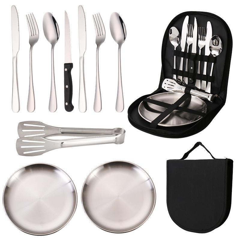 

Steel Tableware Stainless Set Fork Spoon Barbecue Tray Camping Out Picnic 10PCS Silver Knife