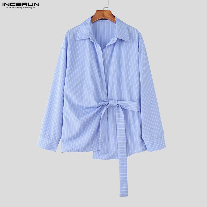 INCERUN Men Spring Turn Down Collar Long Sleeve Side Twisted Striped Print Shirts Tops