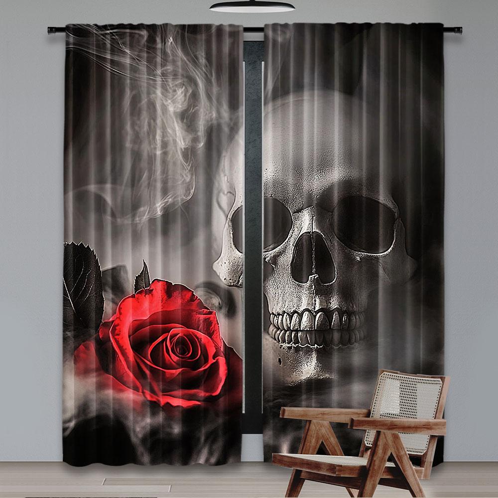 2Pcs Sugar Skull Adult Curtain For Lover Sweetheart Roses Curtains Halloween Curtain Suitable For Living Room Dining Room