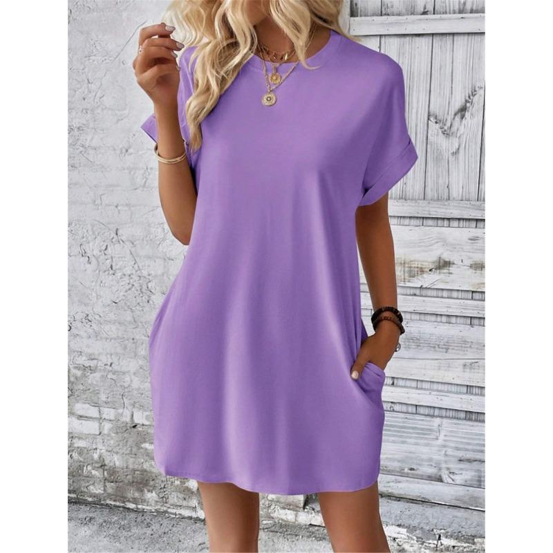 Women Casual Solid Color Round Neck Bat Sleeve Invisible Pocket Loose Short Sleeved Dress