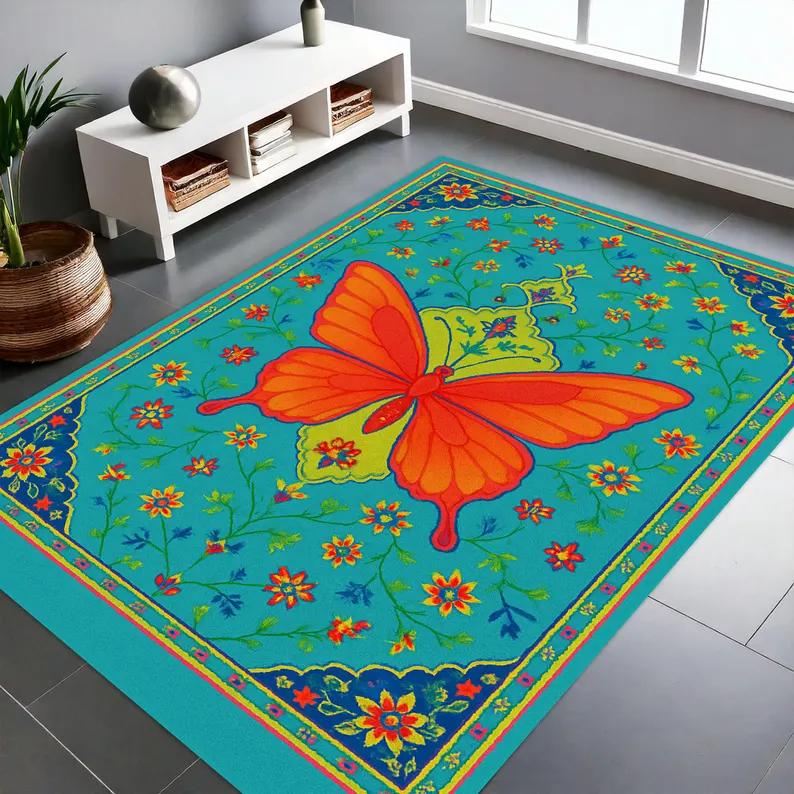 Butterfly Postcard Rug Decor Non-Slip Area Carpet Carpet Mat Rug Home Decor Blue Soft Floor Mat Non-Slip Living Room Ripple Art