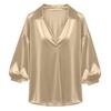 Women’s Loose Fit Satin Blouse with V Neck Collared Design and Three Quarter Puff Sleeves for Casual or Office Wear