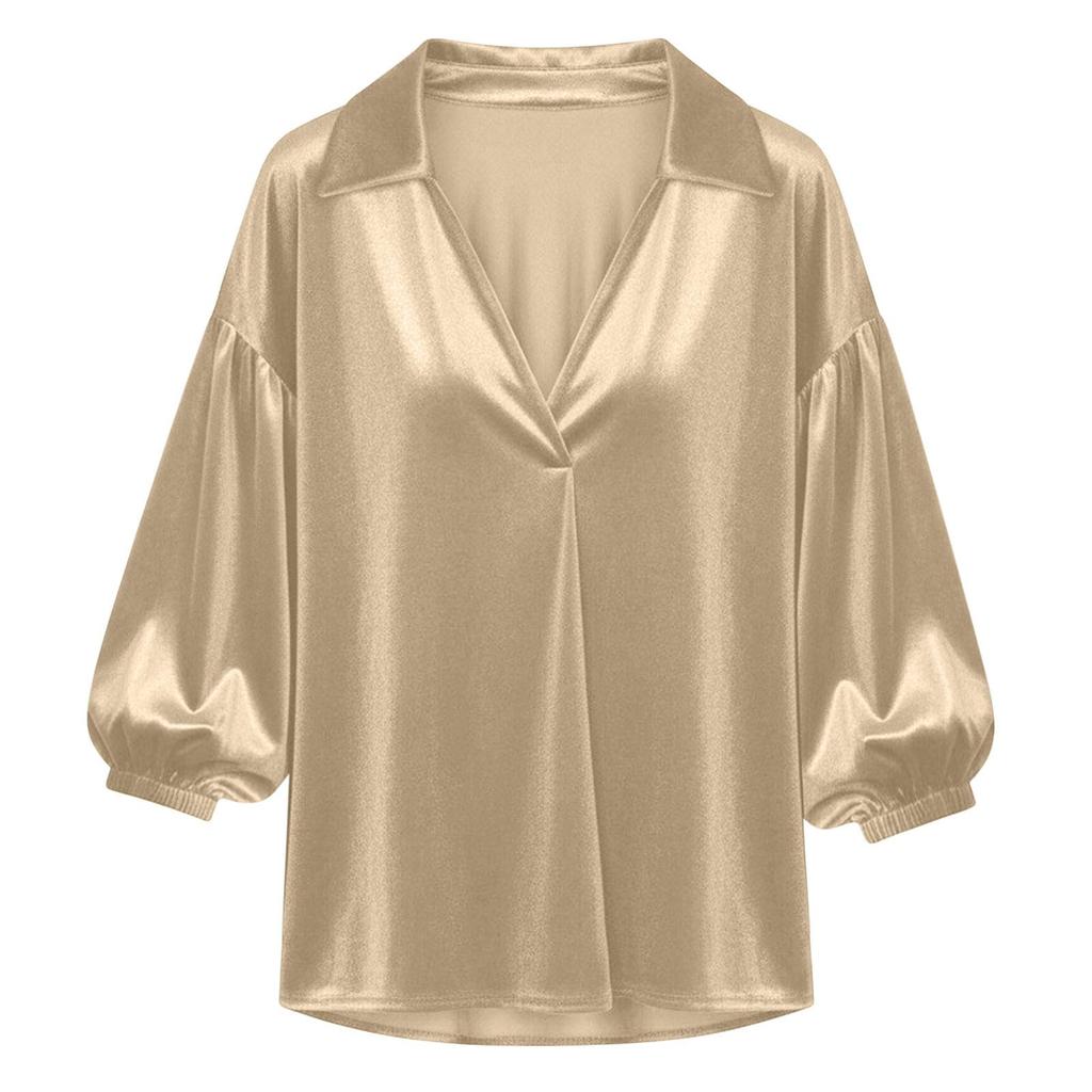 Women’s Loose Fit Satin Blouse with V Neck Collared Design and Three Quarter Puff Sleeves for Casual or Office Wear