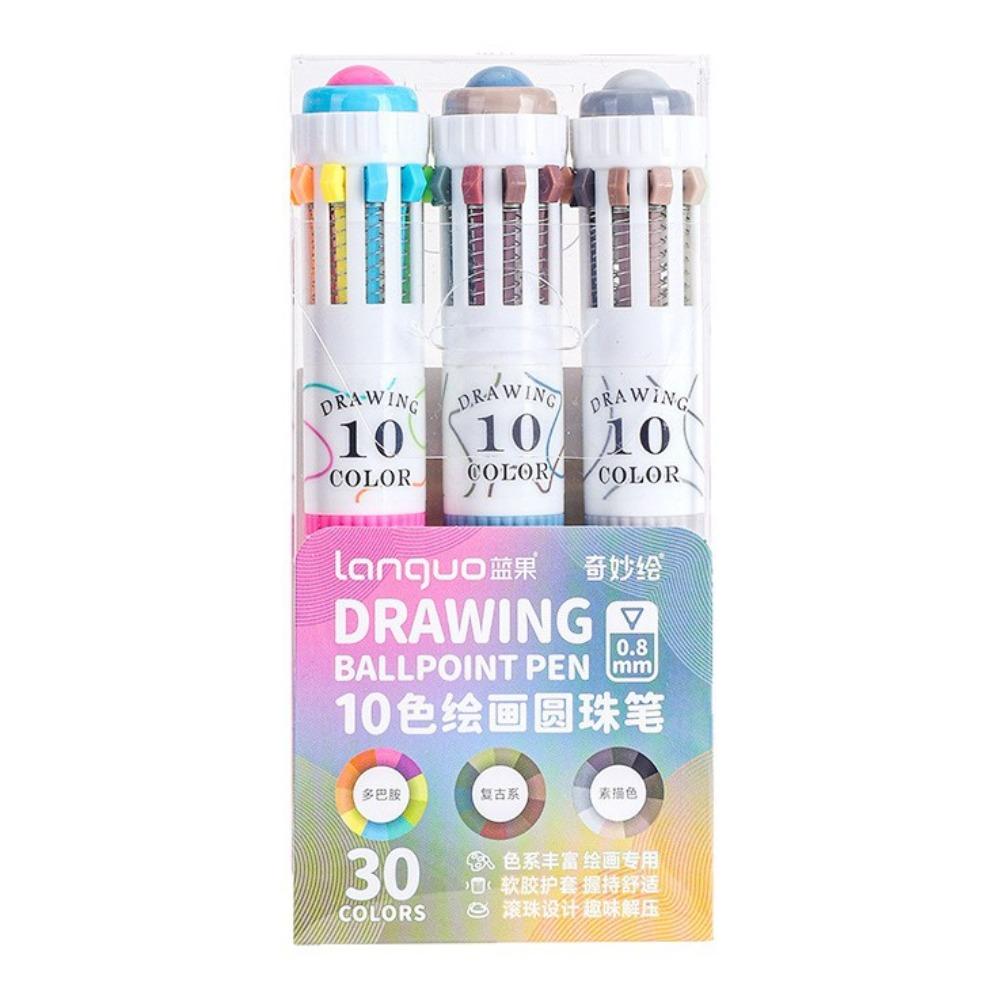 3Pcs/Box Gifts 10 Color Drawing Ballpoint Pen Retractable 0.8mm Ballpoint Pens Colorful Colored Pens for Painting Study Marking