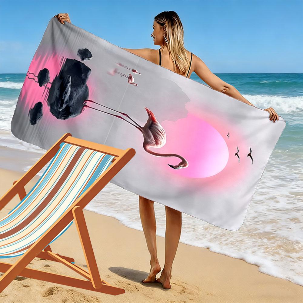 Graceful flamingo sunset reflection Print beach towel, quick drying, suitable for travel, outdoor sports, jogging, the beach and swimming, gift
