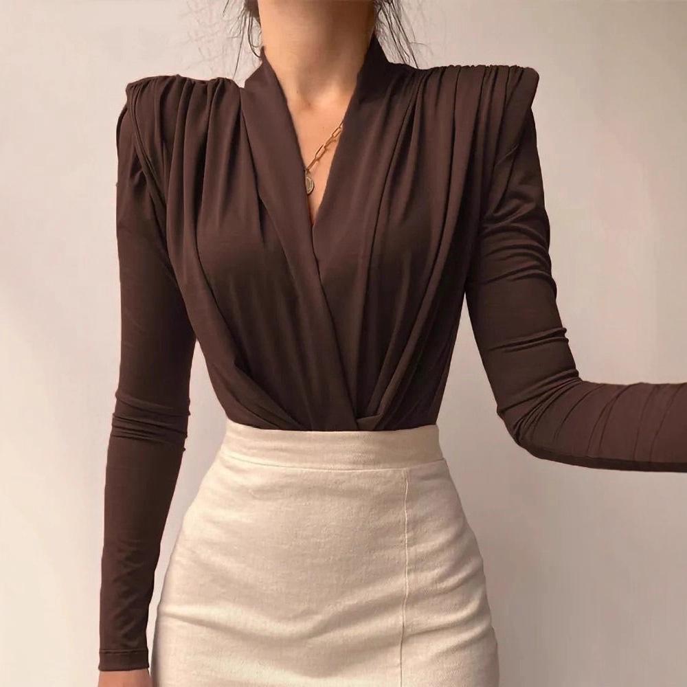 

2026 European & American Spring/Autumn Slim-fit Long Sleeve Pleated V-neck Jumpsuit Medium кофейный