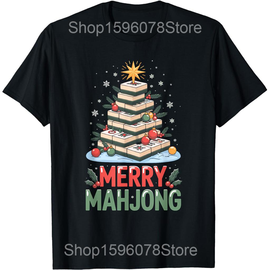 Merry Mahjong Christmas Tree Funny Holiday Game Lover T Shirts Men Humor Streetwear Tee Shirt Short Sleeve Unisex Loose Clothing