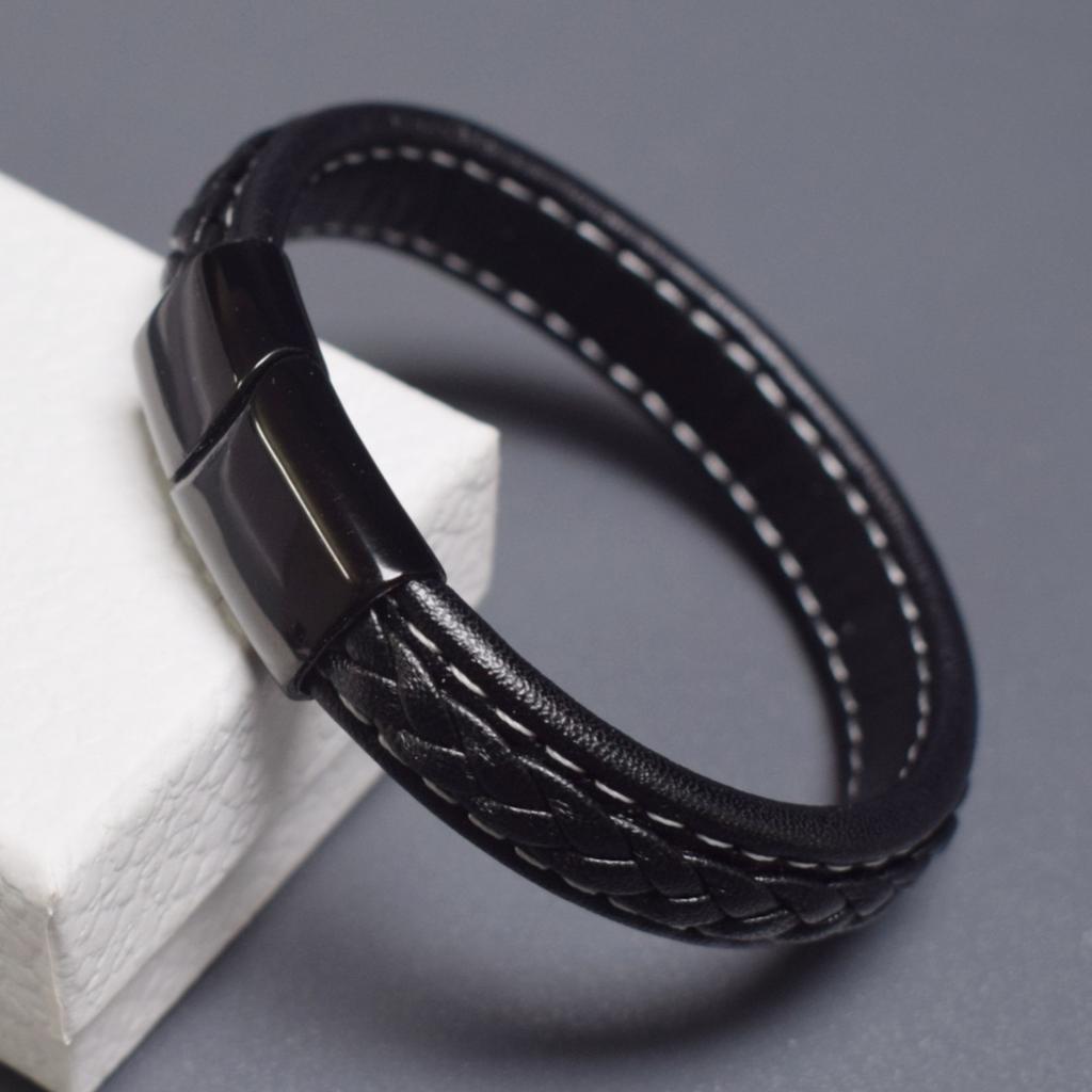 Punk Hand Woven Stitched Leather Bracelet Men's Stainless Steel Bracelets Bangles Simple Magnetic Buckle Luxury Jewelry