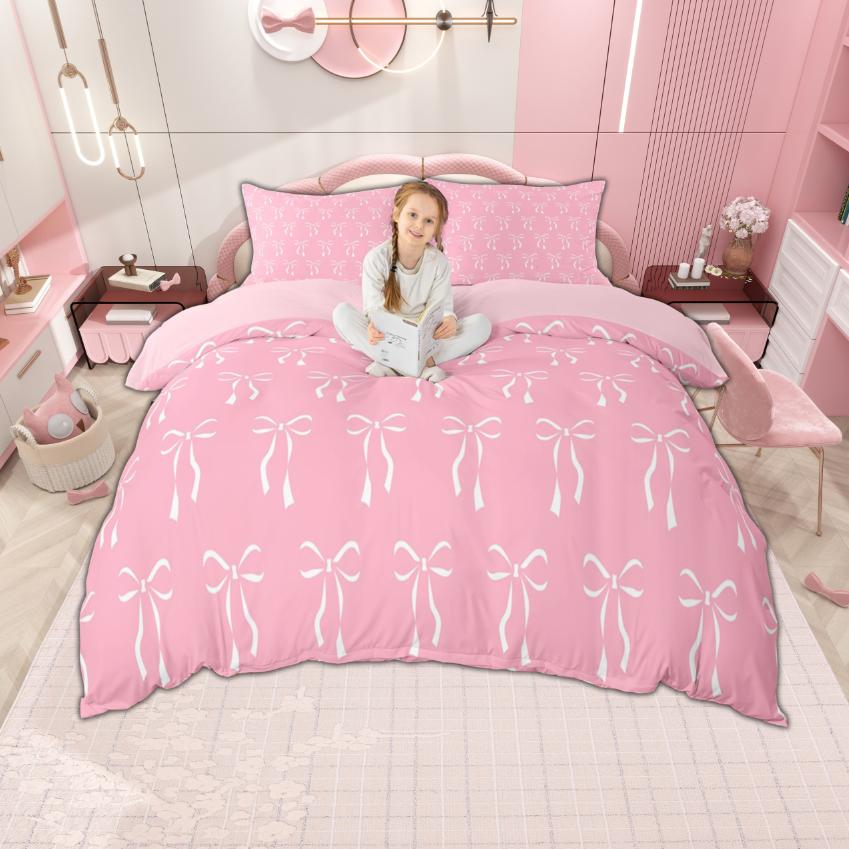 Homewish Kawaii Bowtie Bowknot Duvet Cover Set For Kids Girls 2Pcs/3Pcs Cartoon Ribbon Bow Knot Bedding Princess Style Bed Set