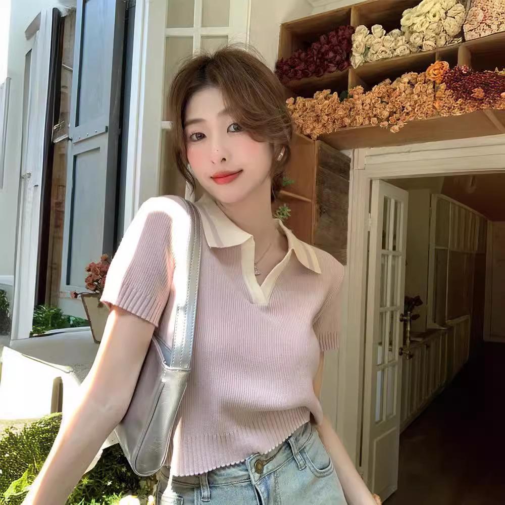 Summer New Design Polo Neck Ice Silk Knitted Shirt Slim Sleeve Short Sleeve T-Shirt Women's Short Top