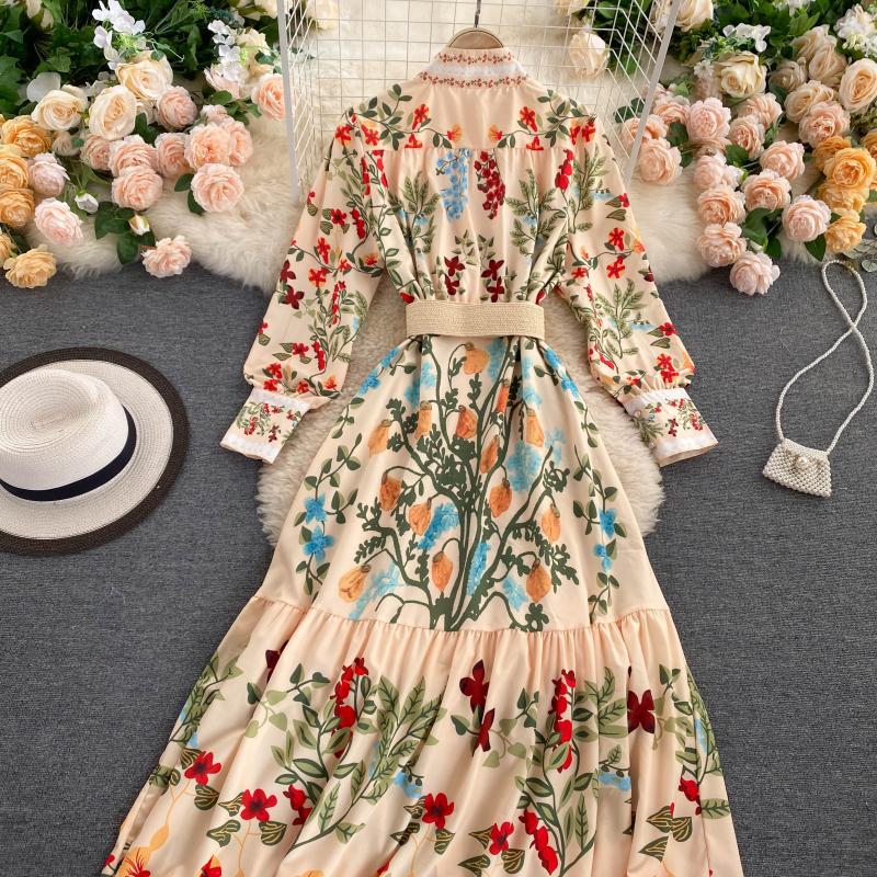 Autumn Sashes Flower Print Long Sleeve Dresses Women Button Vintage Maxi Dress Stand Collar Slim Waist Vestidos