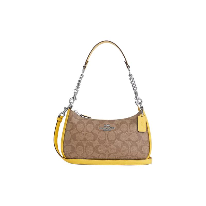 

COACH shoulder bag Teri 25 Letter Logo Classic Presbyopia Zipper Closure Canvas and Leather Underarm Saddle Crossbody Medium Women s Khaki with Retro срібний