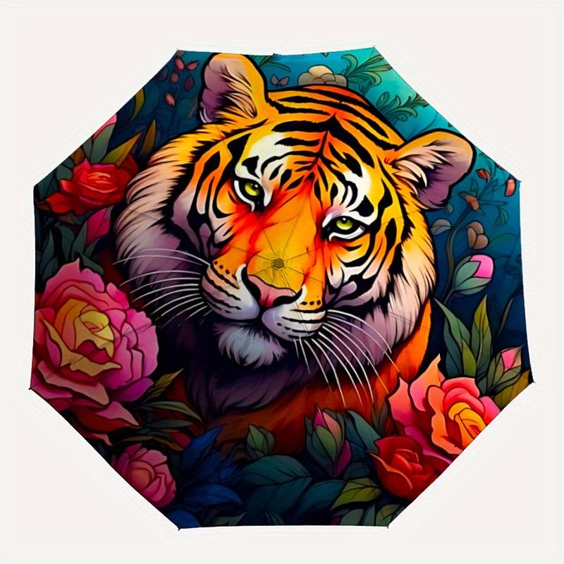 1pc Tiger Floral Print Automatic Opening/closing umbrella, Reinforced 8-Rib Construction, Compact Travel Umbrella yy250808156