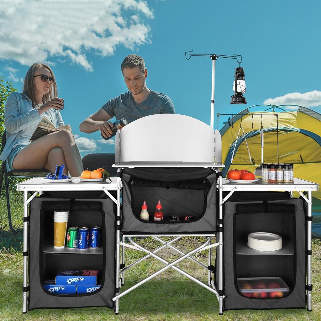 Camping Kitchen Table, Folding Outdoor Cooking Table with Storage Carrying Bag, Aluminum Cook Station 3 Cupboard & Detachable Windscreen, Quick Set-up