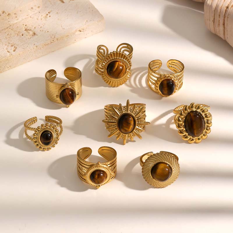 Vintage Brown Stone Open Rings for Women Girls Stainless Steel Gold Irregular Adjustable Rings Aesthetic Jewelry Gifts