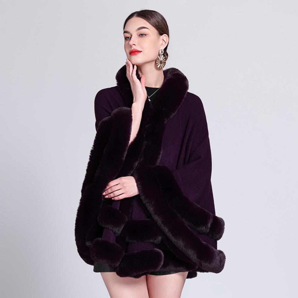 Women's Coat Autumn and Winter New Large Size Imitation Fur Collar Shawl Fur Hooded Knitted Cardigan Shawl Cape Jacket