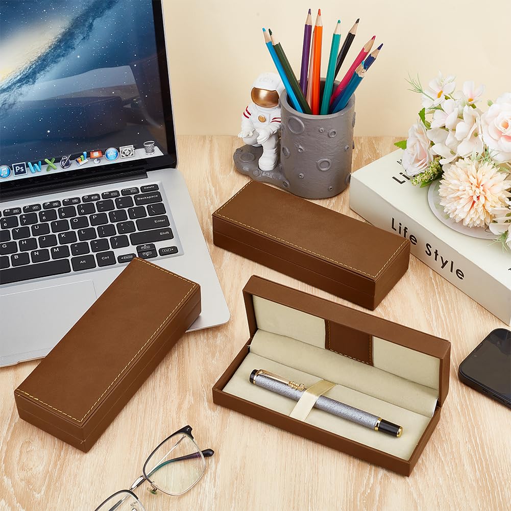 BENECREAT 3 Sets Pen Gift Box Pu Leather Fountain Pen Gift Box Ballpoint Pen Pencil Storage Case for Business Office Brown 17.5x6.8x3.8cm Pen/Necklace