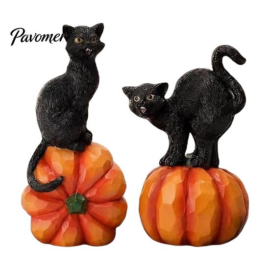 Black Cat Sculpture with Pumpkin Halloween Ornament, Vintage Wood Carving Style Decorative Resin Crafts for Entrance Figurine, Spooky Tabletop