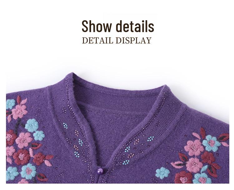 Year of the Rat High-End Embroidered Wool Sweater with Stand-Up Collar for Middle-Aged and Elderly Women