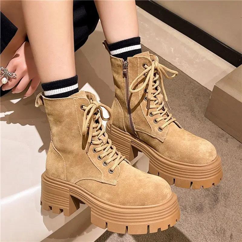 Biker Lace-up Women's Ankle Boots Short Shoes for Woman Sports Combat Chunky Punk Style with Laces Round Toe Footwear Booties Pu