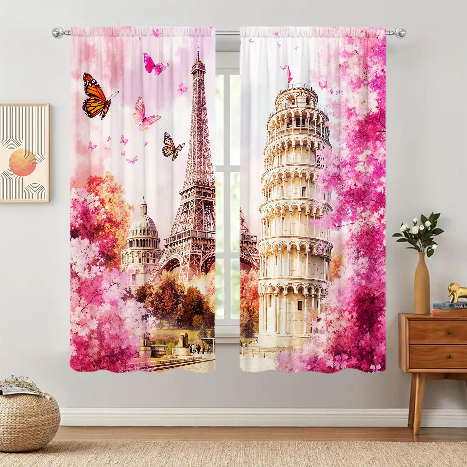 

Panels Fans Sakura Paris Tower Curtains Versatile Design Suitable Any Style Creating Peaceful Living Space Curtain Made Of Polyester Washable W100*H70(CM)-Rod Pocket&2PCS