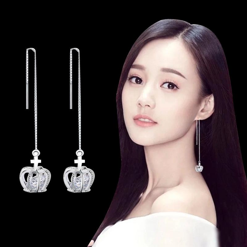 Brincos Longos Coreanos de Prata S925 Agulha Estrela & Lua Folha Trevo para Mulheres