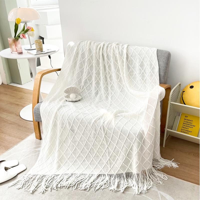 Tassel Blanket 100% Acrylic Bedside Towel Solid Color Plaid Knitted Blanket Nap/Travel Shawl Home Sofa Towel manta