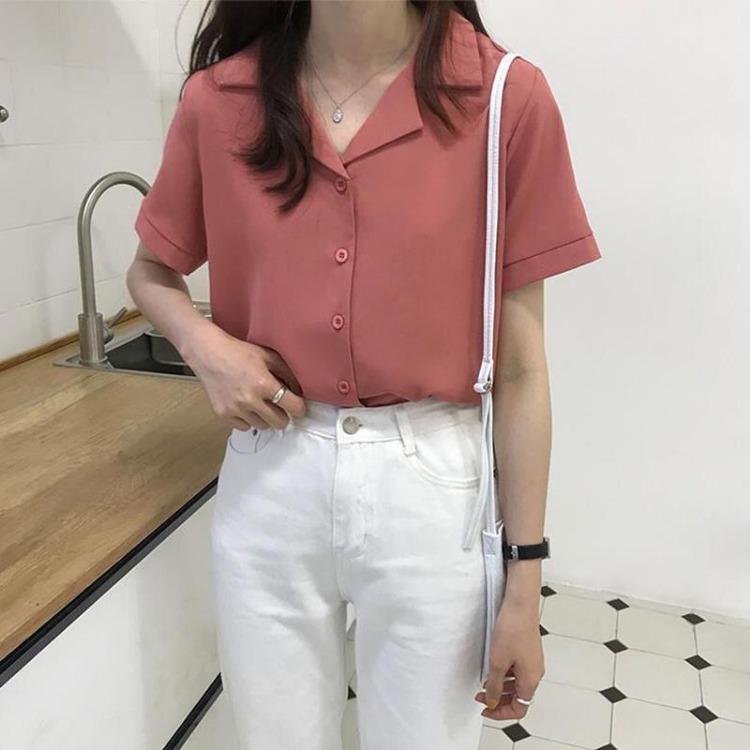 Basic Polyester Plain Color V Neck Lapel Collar Short Sleeve Blouse Shirts Tops Buttons Chiffon M темно-красного