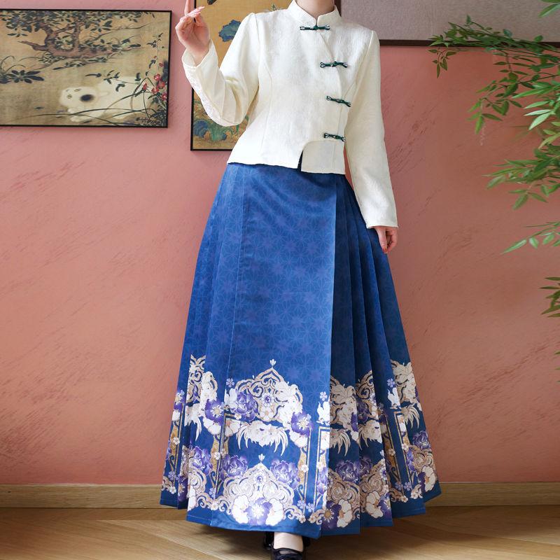 

Китайская династия Мин стиль ханьфу для женщин летняя повседневная юбка с воротником-стойкой и принтом лошадиной морды L