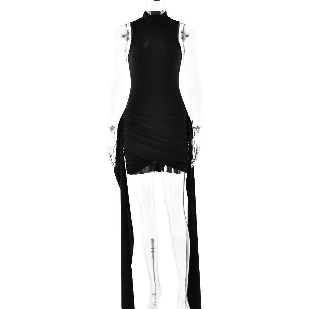 Elegant Sleeveless High Neck Elastic Slim Lace Up Dress Women Tight Party Evening Dress Elegant Short Dress