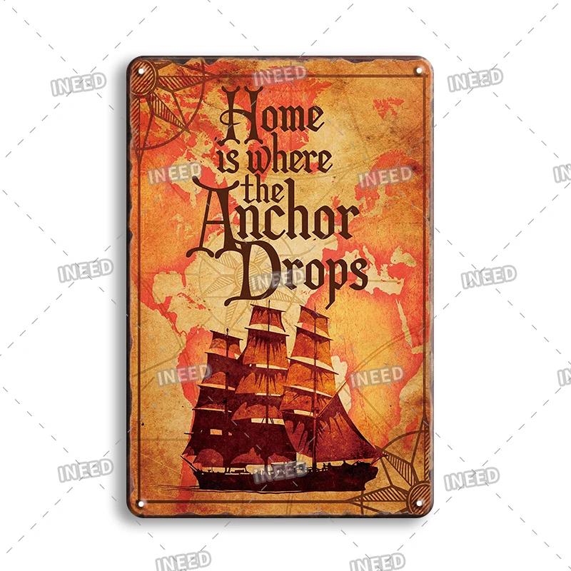 Vintage Yacht Club Art Decor Metal Poster, Retro Boat, Anchor Iron Painting, Personalized Man Cave, Beach Bar Decor Plaques