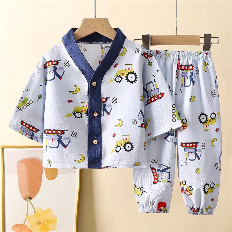 2026 Summer Children Short Sleeve Cardigan Underwear Suits Baby Spring V-Neck Cartoon Thin Pajama Set Home Wear Clothing Suit for Girl Boy