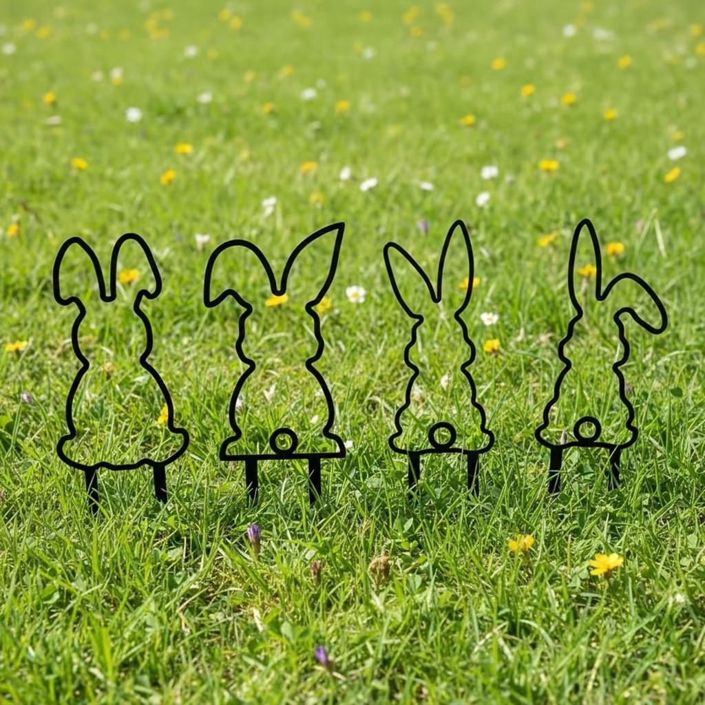 4PCS Metal Outdoor Garden Decorations Bunny Silhouette Yard Stakes Lawn Ornaments for Seasonal and Everyday Garden Display