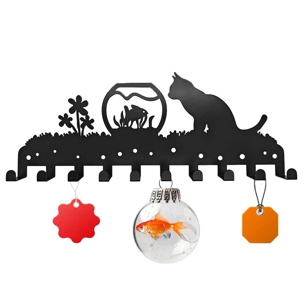 

Металлическая настенная стойка Cute Cat с 10 крючками, держатель для настенных крючков, декоративный крючок для органайзера на стену M бронзовый