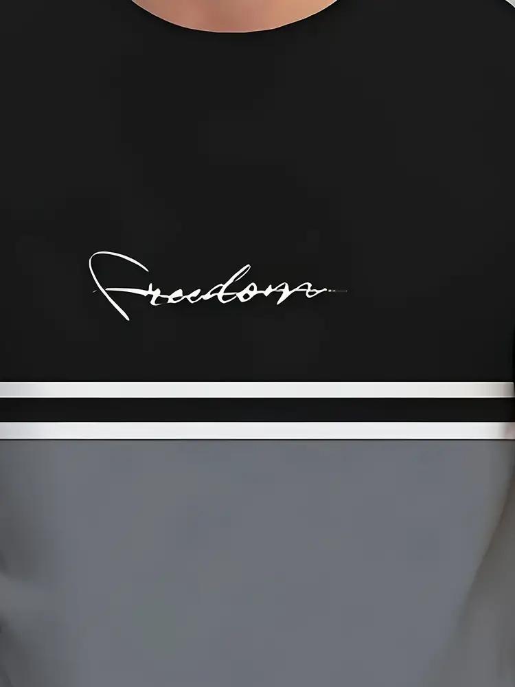 Men's Casual Summer Color Block T-Shirt Short Sleeve Vintage Style  "FREEDOM" Print Lightweight Polyester