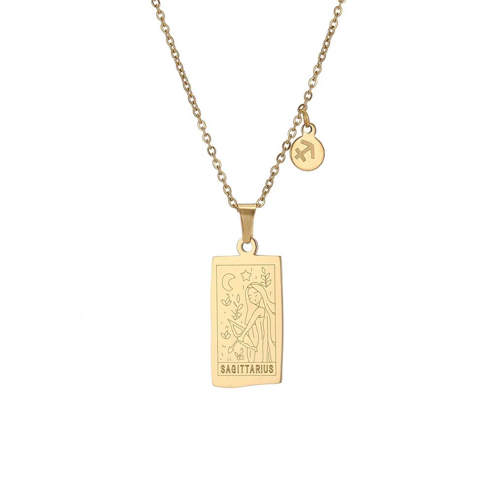 Vintage Geometric 12 Constellations Square Pendant Necklace Fashion Gold Color Metal Collar Charm Necklace Jewelry 2024 New