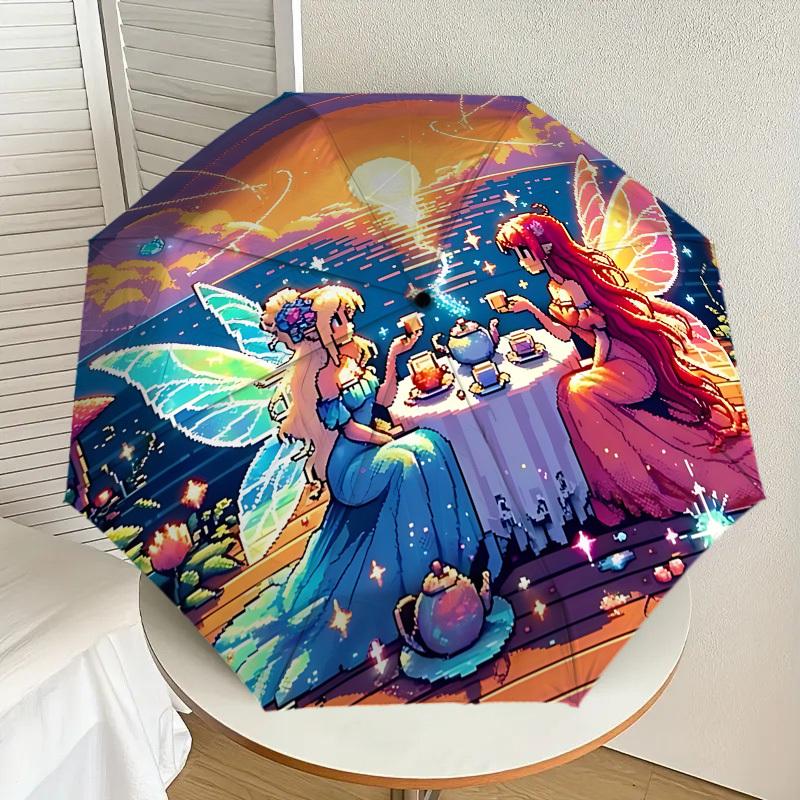 Enchanted Fairy Tea Party Umbrella: A Magical Companion for Outdoor Adventures, Automatically Opens/Closes, Lightweight and Durable,