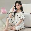 Girls' Ice Silk Short Sleeve Pajama Set, Cooling Home Wear for Summer, Suitable for Medium and Large Children.