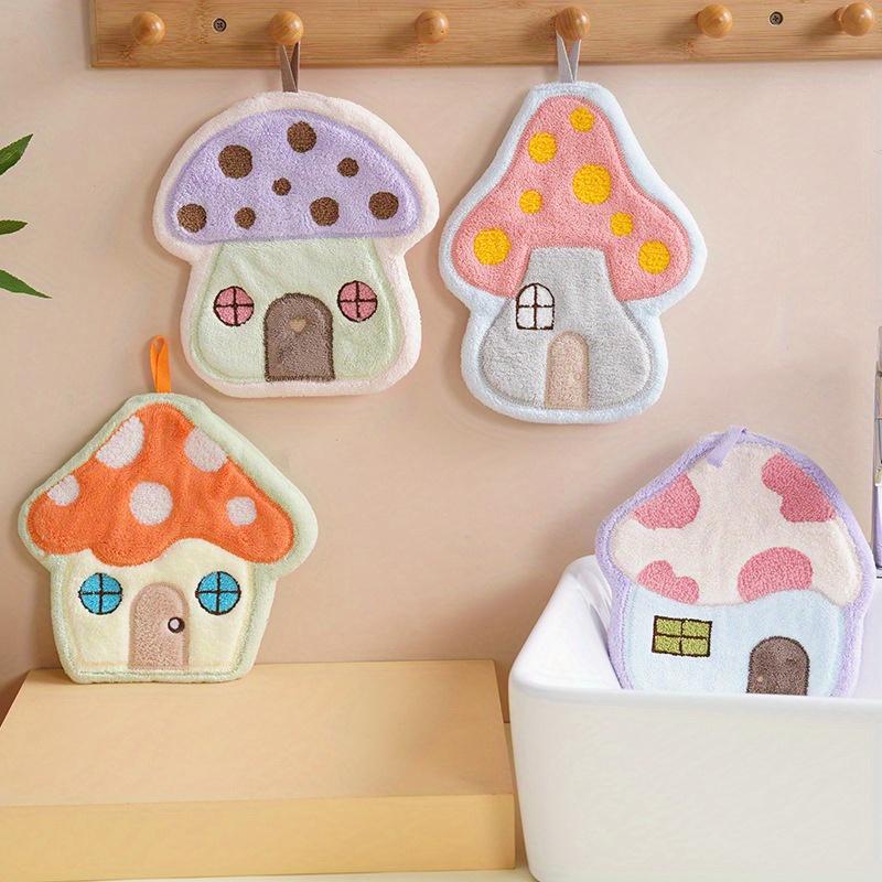 4pcs Mushroom House Hanging Coral Fleece Hand Towel Lint-Free Absorbent Bathroom Towels Gift