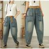 Poches tridimensionnelles Amples et fins Pantalons Harem en Denim Rétro pour Femmes Mode Printemps et Automne Décontractés Taille Élastique Pantalons Style Utility