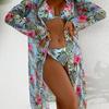 Hawaiian Floral Print Triangle Bikini with Long Sleeve Beach Cover Up