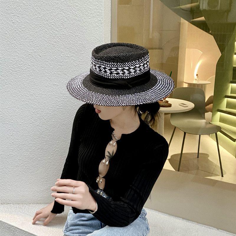 European and American style hand-woven mixed color hollow concave flat top hat women's retro versatile summer travel sun hat