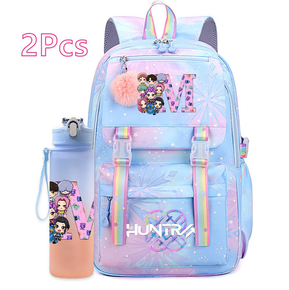 2Pcs/set K-pop Printed Backpack with 750Ml Water Bottler Large Capacity Travel Bag for Teenager Girl Boy Bookbag Kid Gift Large Capacity Bag Mochila